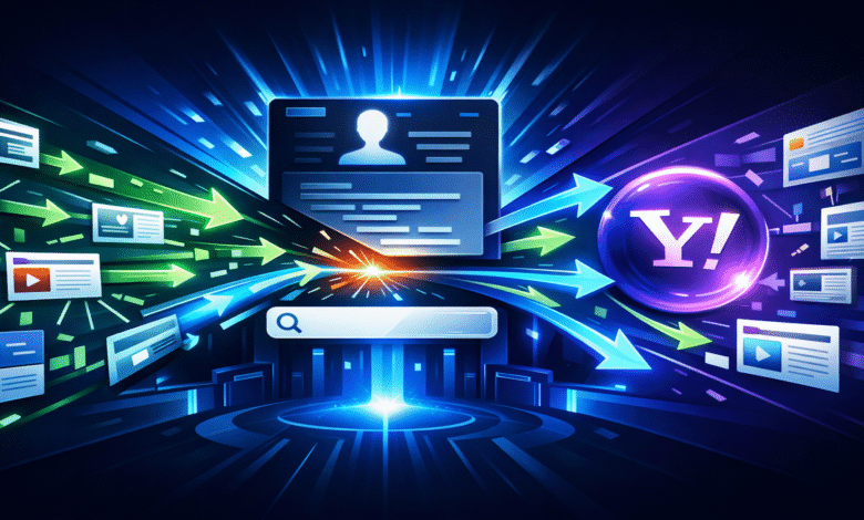 Yahoo search results flowing to user profile, bright and energetic.