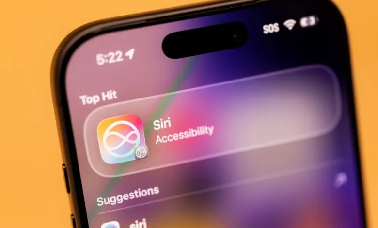 Close-up of iPhone screen showing Siri Accessibility settings as top hit.