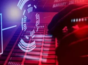 Hands typing on a keyboard with digital overlay and red and blue lighting.