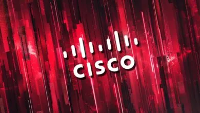 Cisco logo in white against a red abstract background.
