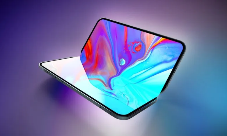 Foldable phone with vibrant, colorful screen on a gradient background.