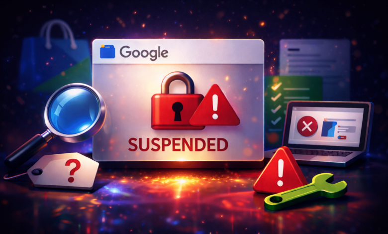 Google account suspended, represented by padlock, warning sign, and error symbols.