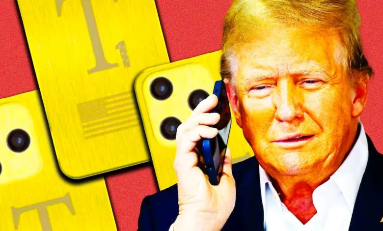 Donald Trump on phone with gold phone cases featuring 'T' and US flag.