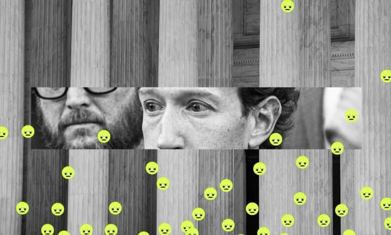 Black and white image with columns, faces, and sad emoji overlay.