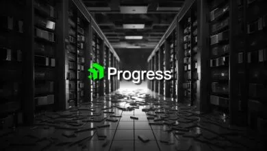 Server room with Progress logo and shattered floor, black and white.