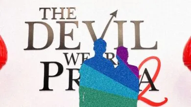 The Devil Wears Prada 2 promotional display with glittery silhouettes.