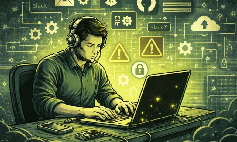 Person with headset working on laptop with security icons in background.
