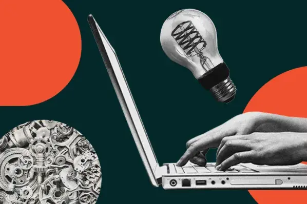 Laptop with hands typing, lightbulb, and gears representing innovation.