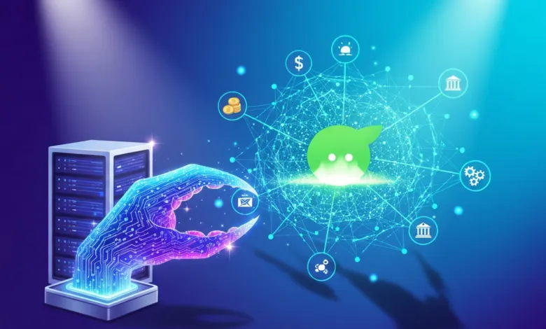 Digital hand emerging from server, connecting to a network of icons.