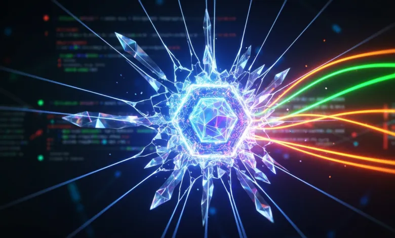 Abstract digital art: glowing hexagon with crystal shards and data streams.