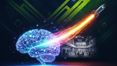 Digital brain launches rocket, symbolizing innovation and growth.