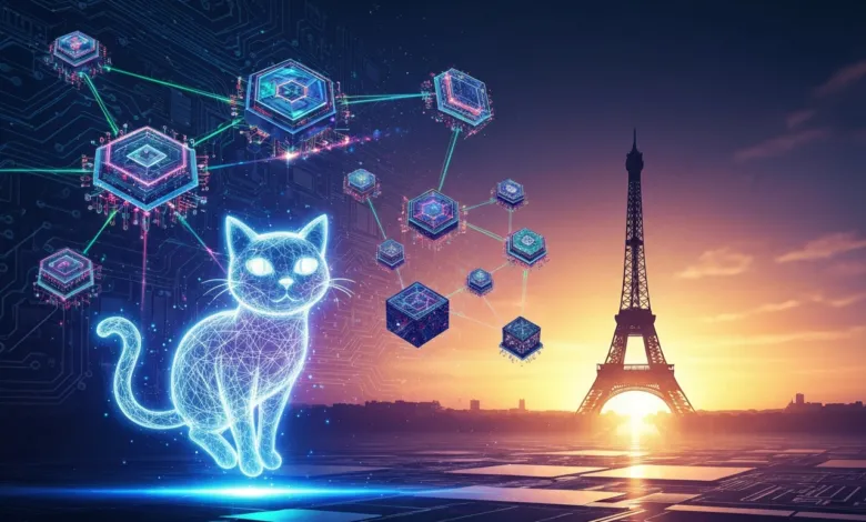 Digital cat connected to network with Eiffel Tower in background.