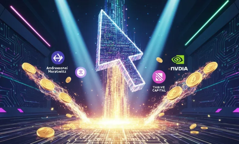 Digital art featuring tech logos, Bitcoin, and a glowing cursor.
