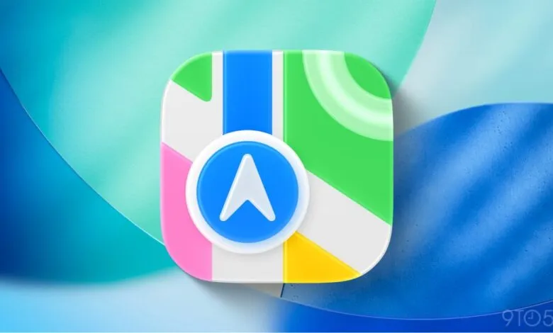 Apple Maps icon with colorful map sections and blue navigation arrow.