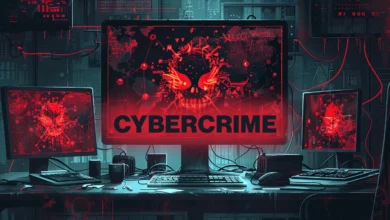 Three computer screens display a red skull and the word 'CYBERCRIME'.