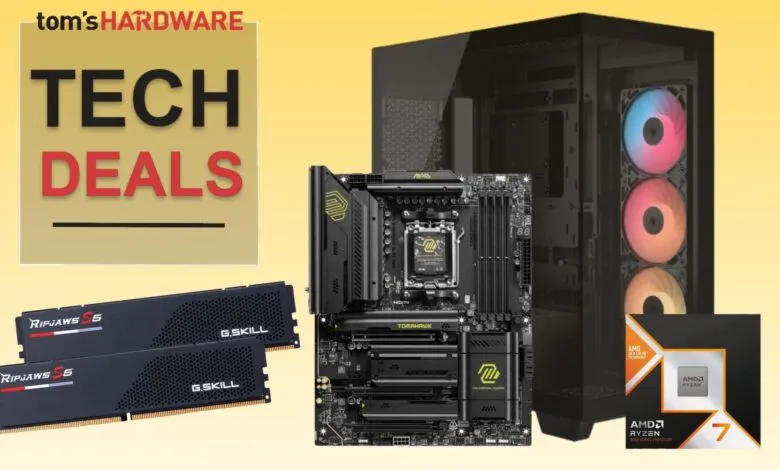 PC components including RAM, motherboard, CPU, case, and fans, with a 'Tech Deals' banner.