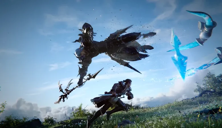 Character runs from a large, armored enemy in a fantasy landscape.