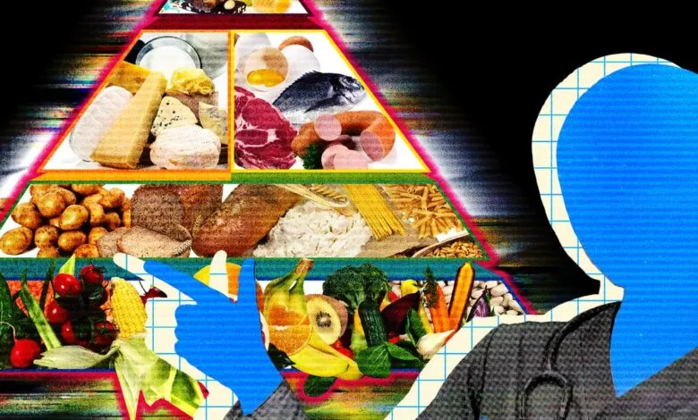 Food pyramid with doctor silhouette, emphasizing healthy eating.