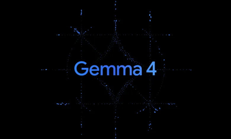 Gemma 4 text in blue on a black background with dotted lines.