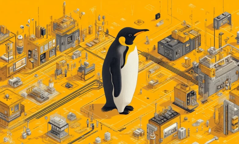 A large penguin stands in a detailed isometric tech landscape with yellow and gray tones.