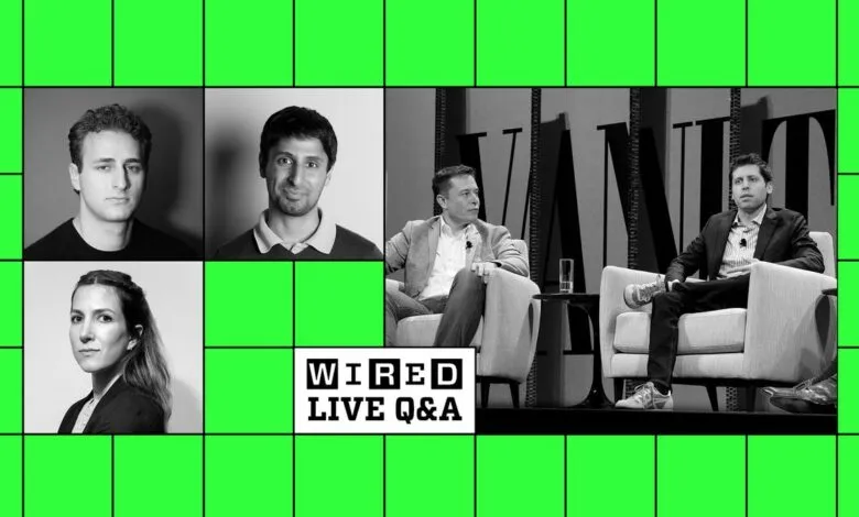 Wired Live Q&A featuring Elon Musk and Sam Altman in a grid layout.