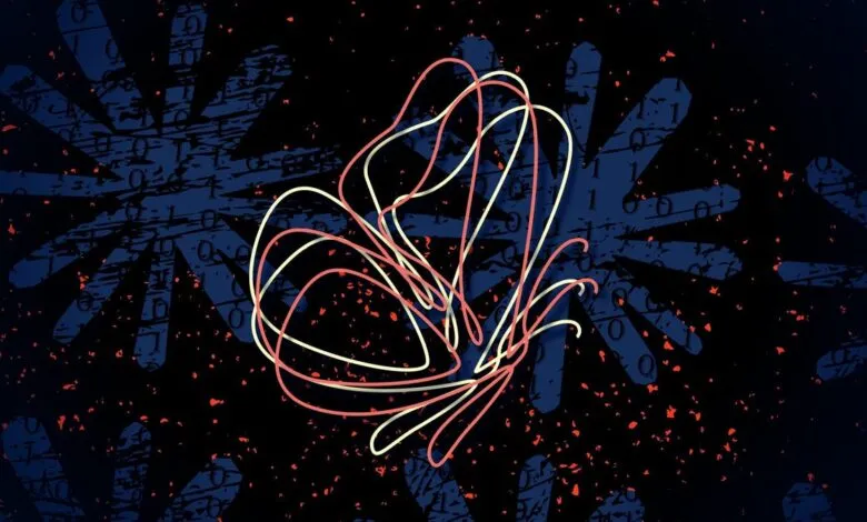 Abstract digital art with swirling lines and binary code background.