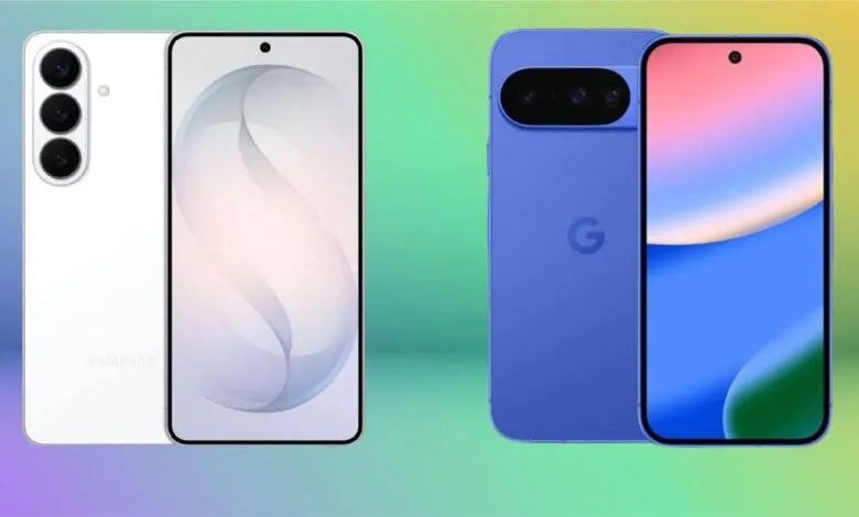 Samsung and Google phones side-by-side on a colorful background.