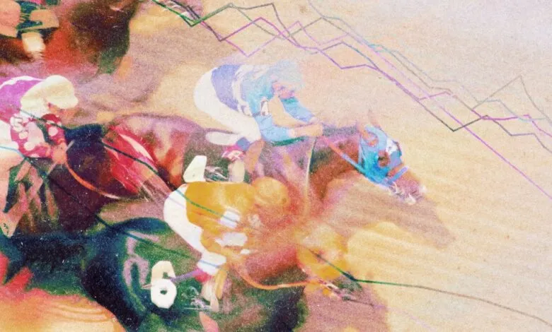 Horse race with jockeys, numbers visible, overlaid with graph lines.