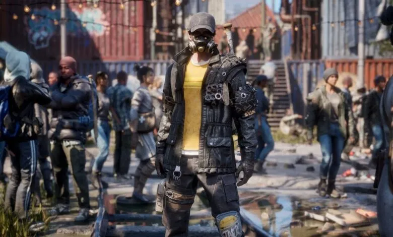 Character in post-apocalyptic setting with gas mask and detailed outfit stands out in a crowd.