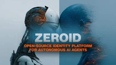 Robot and human face merge, representing AI identity platform.