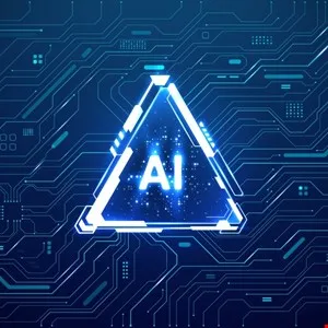 AI symbol in a glowing triangle against a circuit board background.