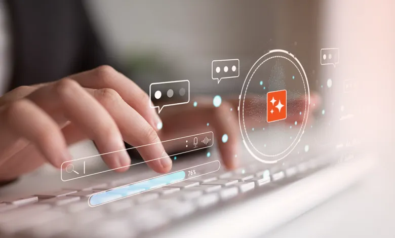 Hands typing on keyboard with digital search and chat icons.