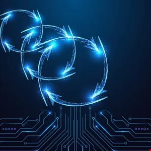 Abstract digital art: blue circuit board with glowing circular arrows above.