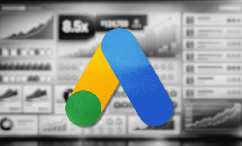 Google Ads logo over a blurred dashboard with charts and data.