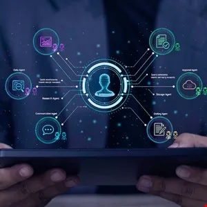 Person holding tablet displaying AI agent network with connected icons.