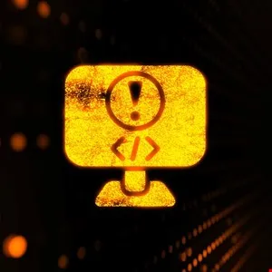Computer monitor icon with exclamation point and code symbols, indicating an error.