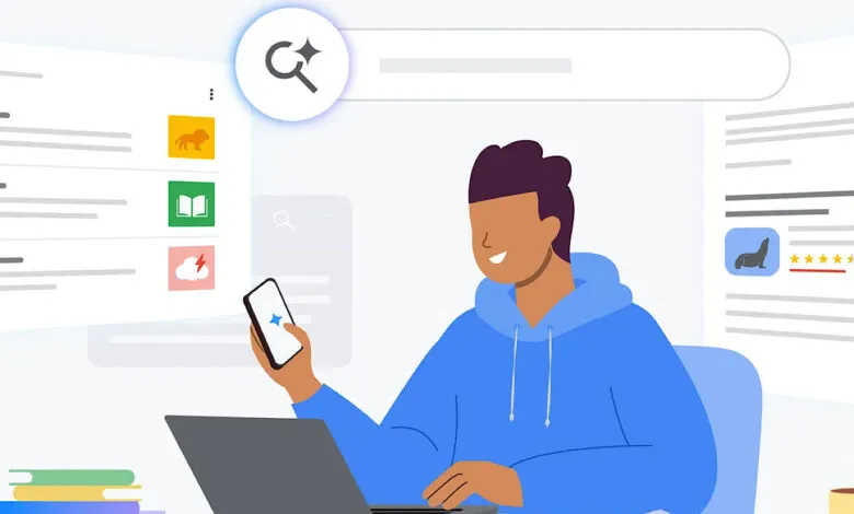 Person using laptop and phone with Google search interface visible.