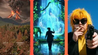 Triptych of diverse scenes: erupting volcano, fantasy waterfall, and person with a gun.