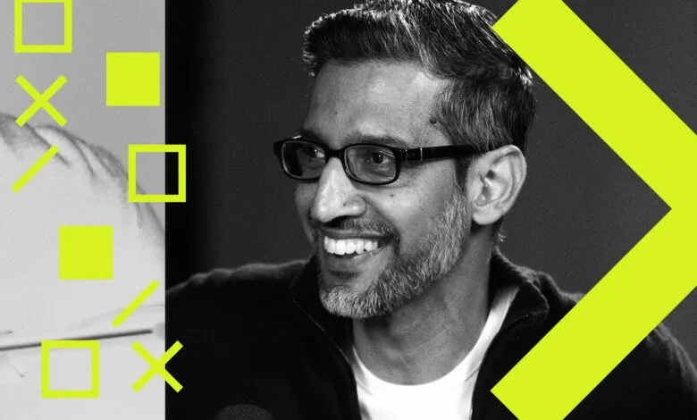 Close-up of Sundar Pichai smiling, with geometric shapes.