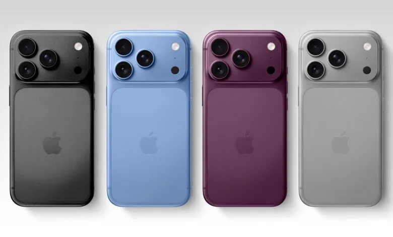 Four iPhone models in black, blue, purple, and silver colors.