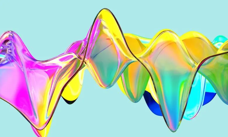 Abstract iridescent wave form with vibrant colors on light blue background.
