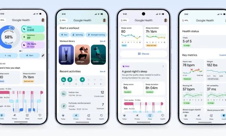Screenshots of the Google Health app showing fitness tracking, workout options, and sleep analysis.