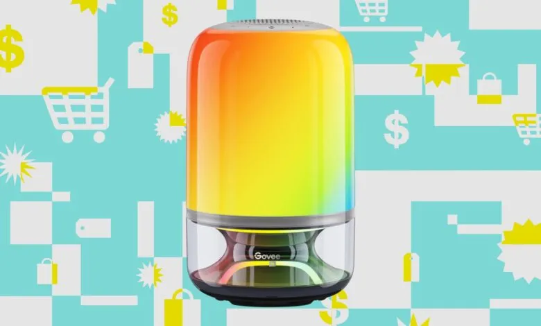 Govee Table Lamp Pro 2 with vibrant color gradient against a patterned background.