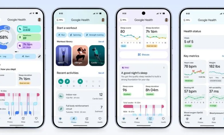 Google Health app interface on four phone screens showing fitness and sleep tracking.