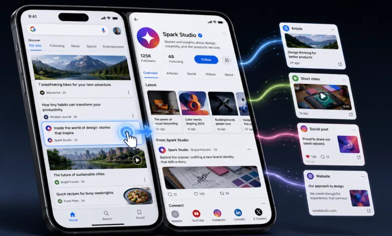 Google Discover interface showing Spark Studio profile and related content.