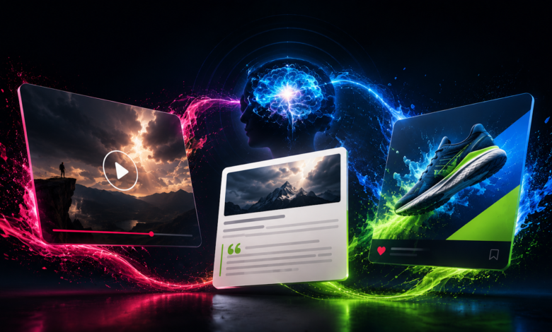 Screens displaying video, text, and product, connected by energy streams.