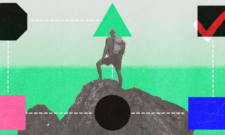Abstract image of a hiker on a peak, connected to shapes by dotted lines.