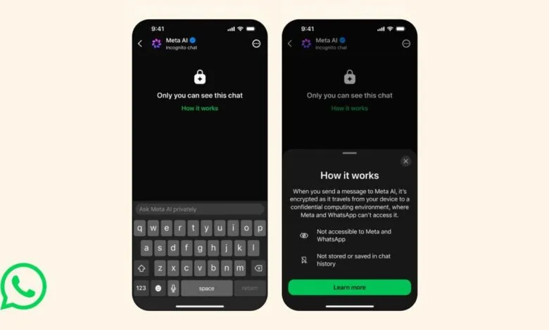Two phone screens showing WhatsApp's Meta AI incognito chat feature.