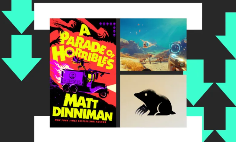 Book cover, video game screenshot, and mole graphic on patterned background.