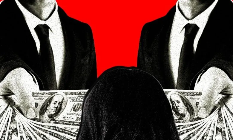 Two figures in suits holding stacks of cash, with a shadowed figure in the foreground.
